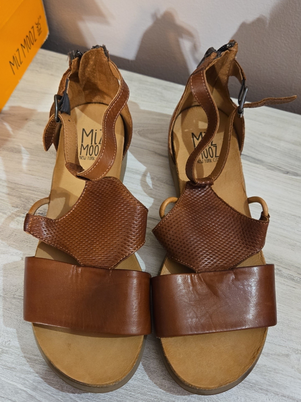 Miz Mooz Tan Brown Leather Textured Wedge Sandals